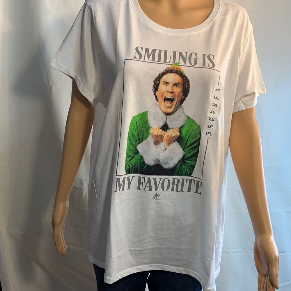 ELF SMILING IS MY FAVORITE Christmas Shirt Size XL Cotton Polyester White Green